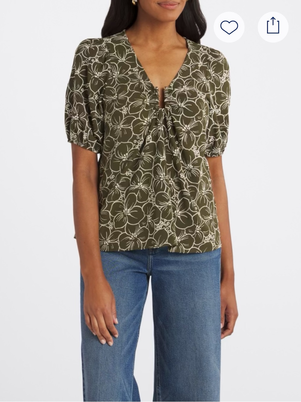 NWOT Olive Green Blouse with Short Sleeves and White Floral Print